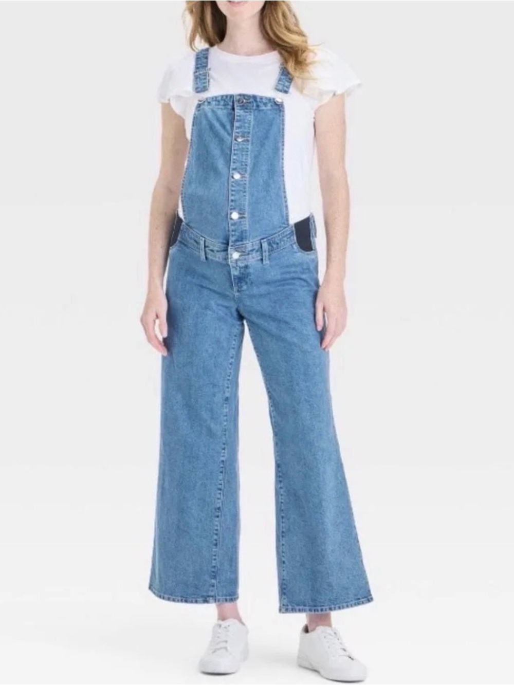 Maternity Classic Blue Denim Overalls Jeans for Women - Casual Wide Leg